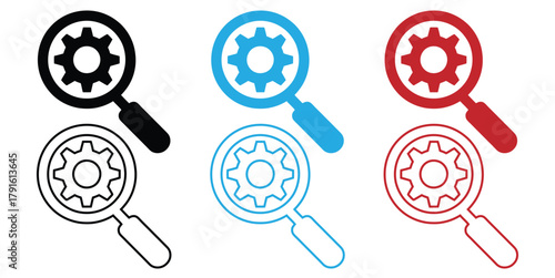 Find solutions with unique gear search icon concept.magnifying glass icons show graphs and charts representing data analysis market research and business intelligence activities,