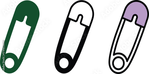 Vector Safety Pin Icon Set, Open and Closed Diaper Pins, Sewing Fastener, Outline, and Solid Graphic Symbol