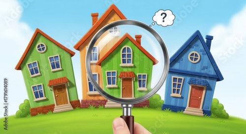 Cartoon Houses Magnified with Question Mark, Home, Magnifying glass, Search