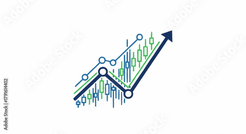 Financial stock market growth chart with upward arrow.