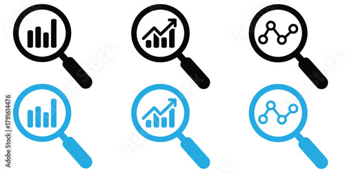 magnifying glass icons show graphs and charts representing data analysis market research and business intelligence activities,Analyze data trends for growth, insights with magnifying glass