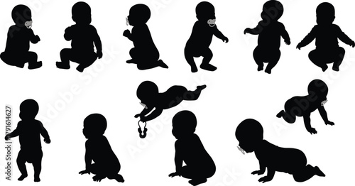 baby silhouette, crawling infant, standing baby, sitting toddler, pacifier pose, rattle toy, infant movement, baby development, black silhouette, baby icon, baby activity, baby position