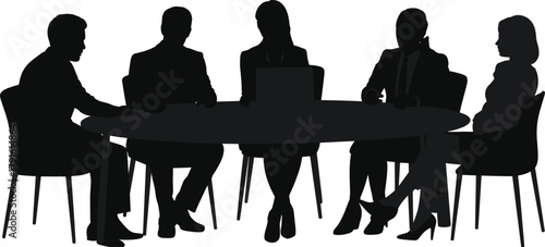 Business meeting, corporate teamwork, professional collaboration, office discussion, round table, silhouette group, laptop presentation, executive strategy, formal attire, leadership,