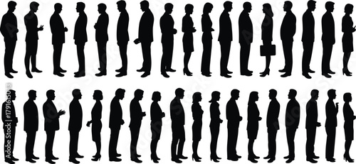 Business silhouettes, corporate professionals, formal attire, networking event, team alignment, symmetrical composition, office people, business meeting, leadership,