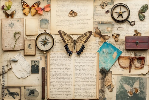 Vintage Still Life with Antique Compass, Butterflies, Photographs and Handwritten Notes