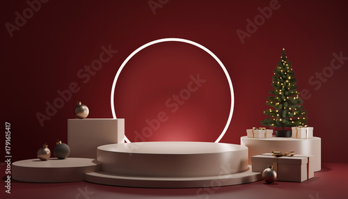 Minimalist 3D Render of Christmas Stage Design with Tree, Ornaments, and Red Wall Illumination