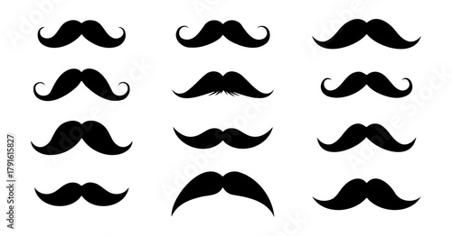 Set of Eleven Different Black Silhouette Mustaches Vector Collection