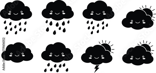 Cute smiling weather icons, black clouds with happy faces, rain, sun, lightning, cartoon forecast symbols, children’s weather graphics, playful meteorology clipart, educational design