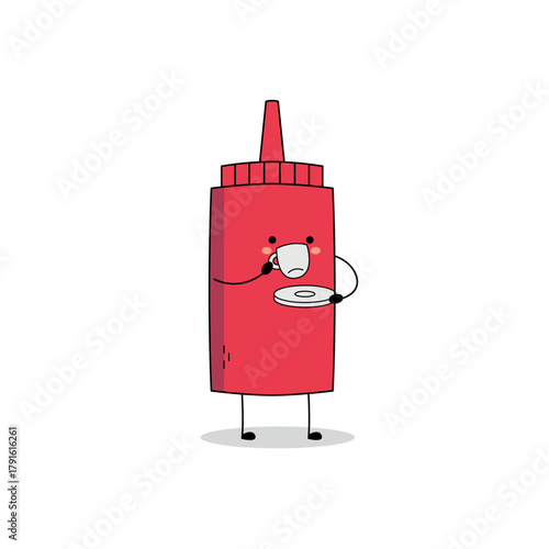Cute red ketchup bottle cartoon character drinking tea doodle