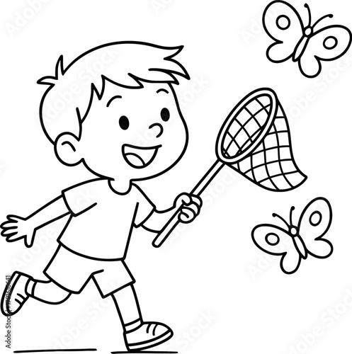 Joyful boy chasing butterflies with net in a sunny meadow
