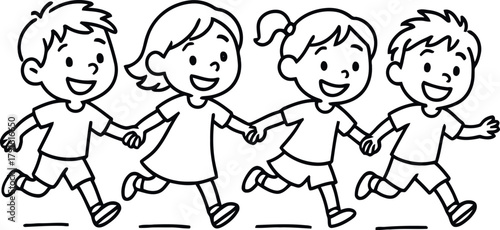 Happy diverse children holding hands and running together outdoors