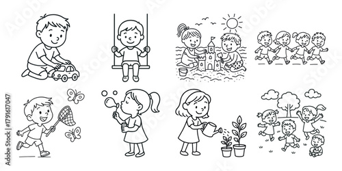 Children engaged in various activities and celebrations outline drawings