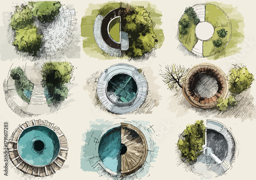 Top-down architectural sketches of circular garden designs with trees and pathways.