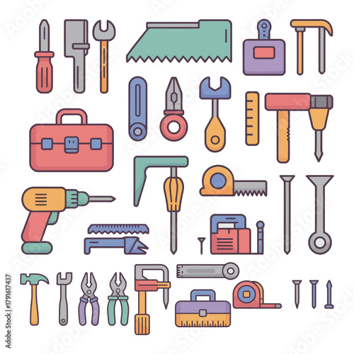 Cartoon workshop equipment and handyman tools set vector illustration