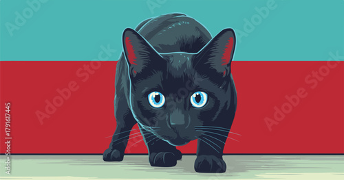 A sleek black cat with striking blue eyes cautiously approaches, its form rendered in a bold, graphic vector style.