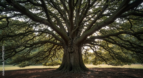 A majestic, old growth tree stands tall, its robust trunk and widespread branches symbolizing wisdom, experience, and enduring strength ,season ,wisdom ,peaceful