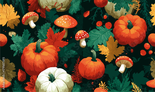 Dieses nahtlose Vektormuster fängt die reiche Farbenpracht des Herbstes ein, mit Kürbissen, Blättern und Pilzen auf dunklem Hintergrund, ideal für saisonale Designs.