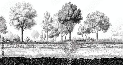 Detaillierte Vektorillustration eines Bodenschnitts mit Bäumen, verschiedenen Erdschichten und einem Rohr, das Grundwasser entnimmt.