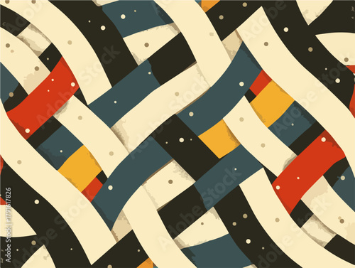 Ein dynamisches, nahtloses Vektormuster aus farbigen, überlappenden Bändern und Streifen, verziert mit kleinen Glitzerpunkten, ideal für moderne Designs und Hintergründe.