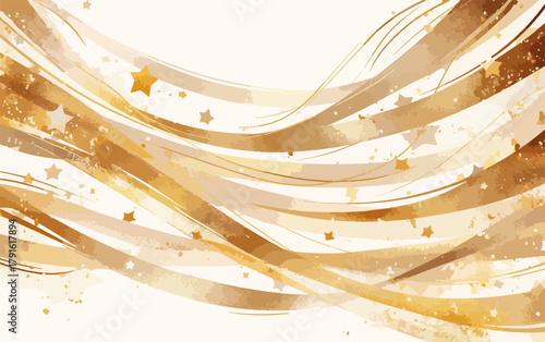 Dieses elegante goldene Hintergrundbild zeigt dynamische, fließende Linien und funkelnde Sterne, ideal für festliche Anlässe und luxuriöse Designs.