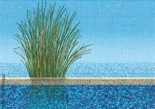 Ein Vektor-Design einer ruhigen Landschaft mit Wasser, Himmel und Gras, ideal für Natur- und Design-Projekte.