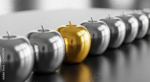 Golden apple amidst silver peers represents distinctiveness and superior quality concept
