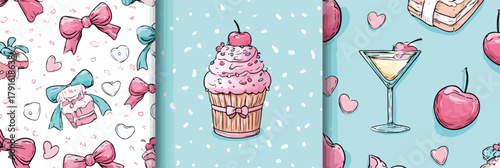 Niedliche, handgezeichnete Muster mit Cupcakes, Cocktailgläsern, Schleifen, Herzen und Geschenken auf blauem Hintergrund