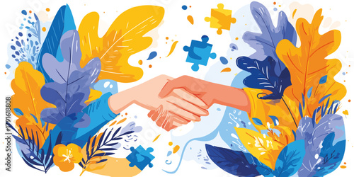 Eine Illustration von zwei Händen, die sich inmitten von Blättern und Puzzleteilen die Hand geben, symbolisiert Zusammenarbeit.