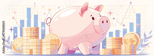 Niedliches Sparschwein mit Münzen und Diagrammen, das finanzielle Ersparnisse und Investitionen symbolisiert, als Vektorillustration.