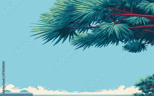 Eine malerische Vektorillustration mit einem ruhigen blauen Himmel, üppigen grünen Kiefern und einem Hauch von Küstenlandschaft, perfekt für Design.