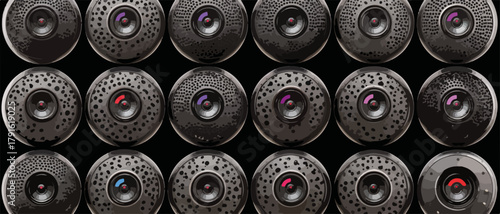 Eine Nahaufnahme von mehreren schwarzen kreisförmigen Objekten mit Linsen und verschiedenen Mustern vor einem dunklen Hintergrund.