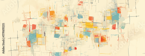 Abstrakte Darstellung von geometrischen Formen und Farben in einem künstlerischen Vektor-Design auf hellem Hintergrund.