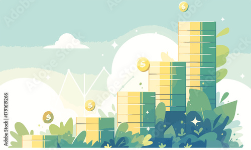 Ein Vektor-Diagramm zeigt den finanziellen Aufstieg mit Münzen und grünen Pflanzen für Wachstum und Erfolg in der Wirtschaft.