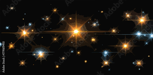 Funkelnde Sterne in Gold und Blau leuchten auf einem schwarzen Hintergrund, ideal für festliche Designs und magische Atmosphären.