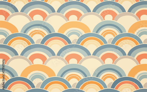 Abstrakte geometrische Muster mit Regenbogenbögen in Pastelltönen und Retro-Charme für Designzwecke.