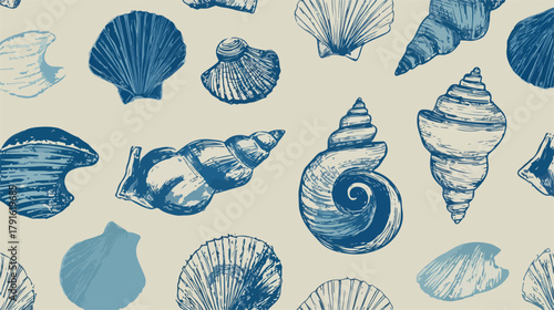 Vektor-Muster mit verschiedenen Muscheln und Schneckenhäusern in Blautönen auf beigefarbenem Hintergrund.