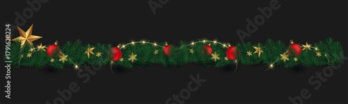 Seamless colorful Christmas garland of fir branches with red, green, and yellow lights. Perfect glowing border for Christmas tree decorations. Transparent background in vector file.