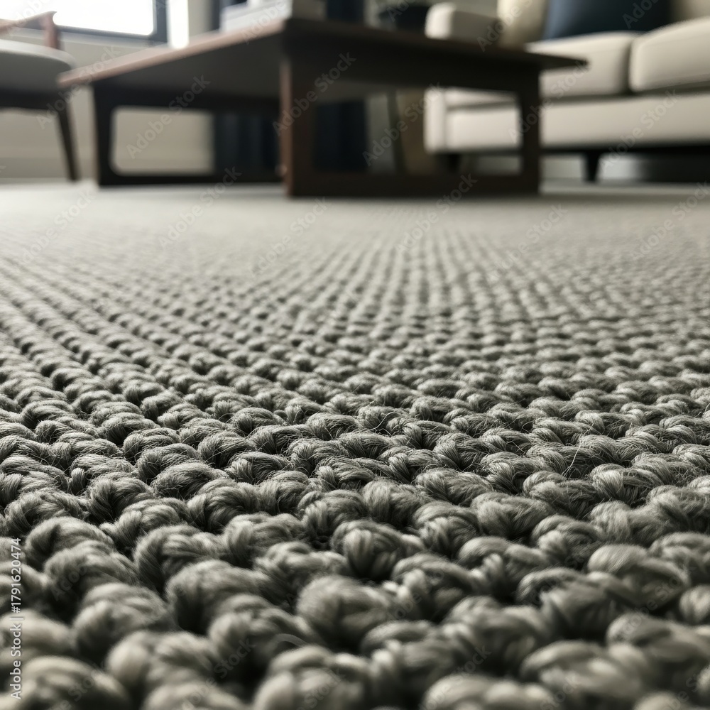 Obraz premium Intricate textured gray rug with a blurred glimpse of modern living room furniture
