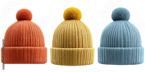 Collection of Knitted Wool Beanies with Pom Poms on Transparent Background