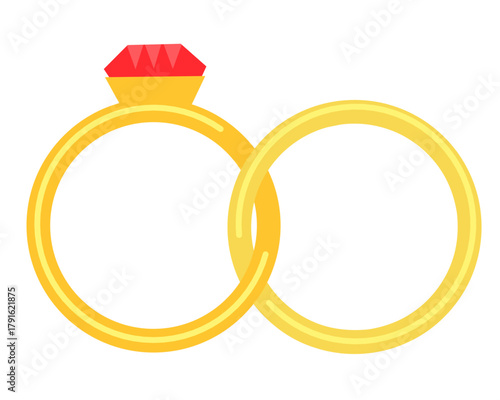 Two interlocking gold wedding rings with a red ruby gemstone