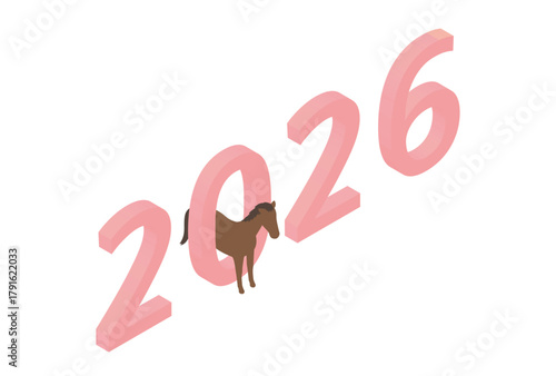 Isometric 2026 New Year Horse Illustration in Pink Numbers