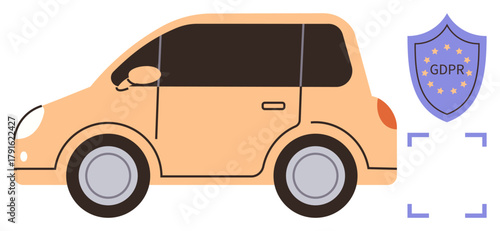 Compact car alongside GDPR shield highlighting data protection and privacy. Ideal for GDPR, vehicle security, surveillance, data privacy, legal compliance, cyber security, digital rights. Simple flat