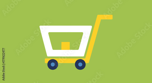 Stylized Shopping Cart Icon with Yellow and White Design on Green Background.