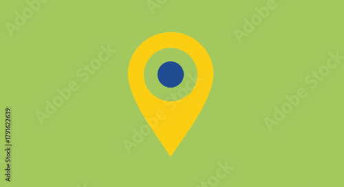 Yellow Location Pin Icon with Blue Center on Green Background.