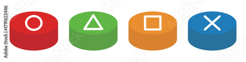 4色の丸、三角、四角、バツボタンのベクターイラスト。円柱状のゲームのスイッチの背景透過素材セット