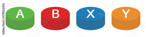 シンプルな4色のABXYボタンのベクターイラスト。円柱状のゲームのスイッチの背景透過素材セット