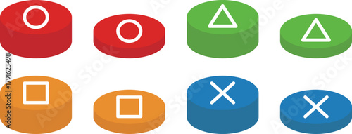 押す前と押した後の丸、三角、四角、バツボタンのベクターイラスト。円柱状のゲームのスイッチのセット