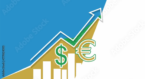 Financial growth chart with rising dollar and euro symbols.