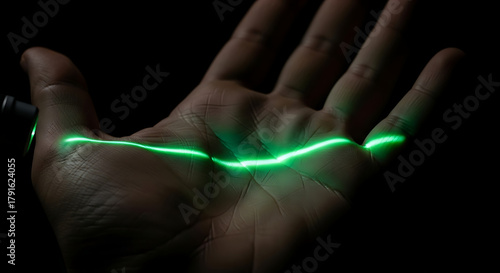 Green laser line illuminates palm lines in darkness.