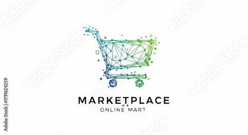 Digital Marketplace Shopping Cart with Geometric Design and Online Mart Text.
